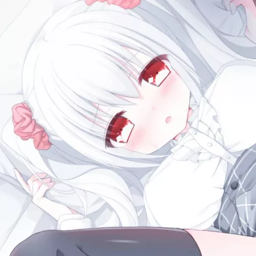 LF Color source: 1girl, twintails, blush, skirt, black legwear, spread legs, lying, on bed, hands on pillow, white hair, red eyes