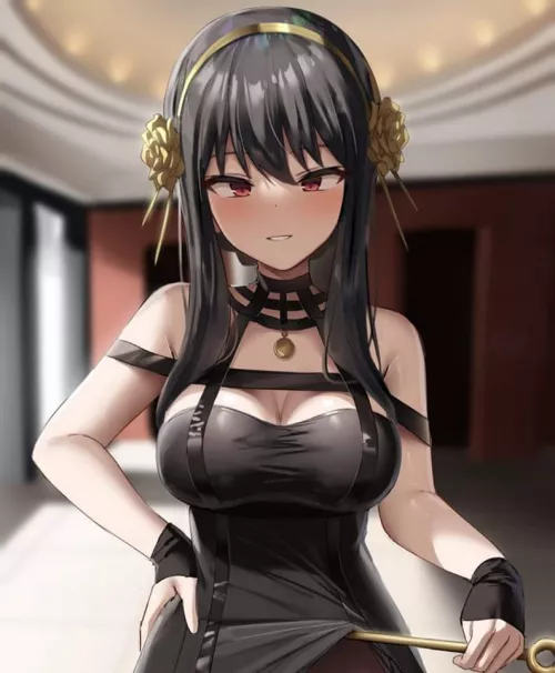 Lf color source: 1girl, yor forger, black hair, red eyes, looking at the viewer, black dress, hair ornament, blush, smile
