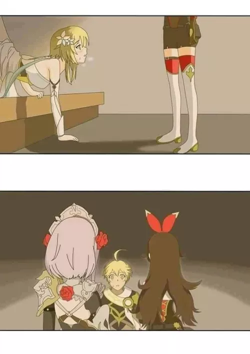 LF Color Source: 3girls, 1boy, genshin impact, yosuga no sora, from behind, yellow/white/black hair, short/long hair, hair flower, thighhighs, detached sleeves. sweat drop, blush, blush, hair ornament,