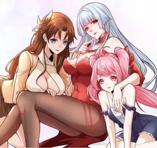 LF Color Source: 3girls, gray hair, pink hair, brown hair, long hair, big breasts, red eyes, pink eyes, blue eyes, flat chest, hugging