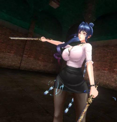 LF Color Source: blue hair, huge breasts, swords, white shirt, black skirt, stockings