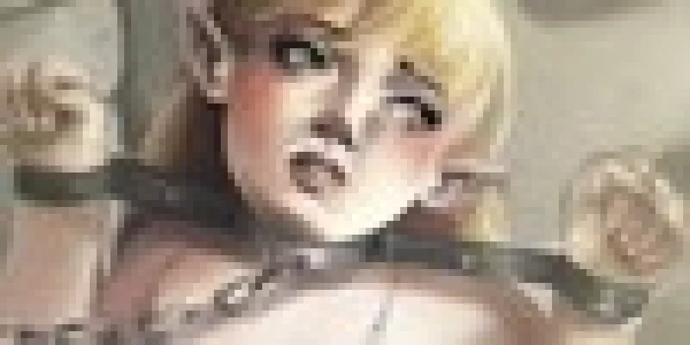 LF COLOR SOURCE: elf, bondage, yuke, blonde hair, opened eyes, chain, pillory, stocks, blush, slave, pointy ears