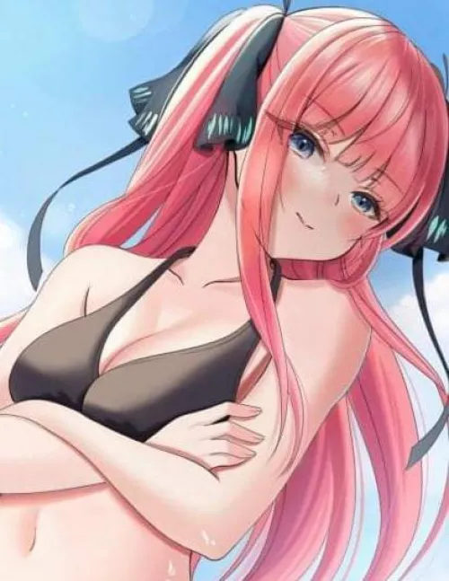 LF color source: Nino nakano, long hair, pink hair, hair ornament, blush, smile, black bra