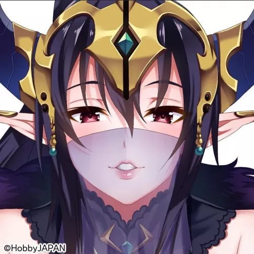 LF Color Source: Queen's Blade, elf ears, see through mask, gold head piece, red eyes, dark hair, purple/black clothing, ©️HobbyJAPAN