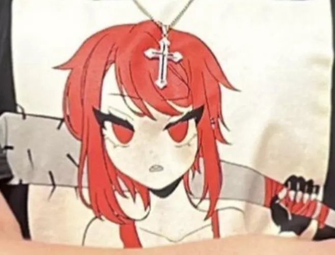 LF Color source: red hair, red eyes, red tank top, spiked bat, gloves, 1girl