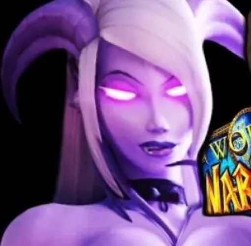 LF Color Source: world of warcraft, purple skin, purple eyes, glowing eyes, choker, sharp teeth, blonde hair, horns, purple lips