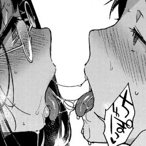 LF Mono Source: 1boy, 1girl, after kiss, blush, close up, face, foreign text, from side, glasses, looking at another, rolling eyes, saliva trail, speech bubble, tongue kiss, tongue out