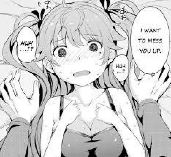 LF mono source: 1girl, 1boy, I want to mess you up” “Huh..? HUH..!?”, hair bows, pigtails, arms on chest, blushing, pinned down, wide eyes, big boobs