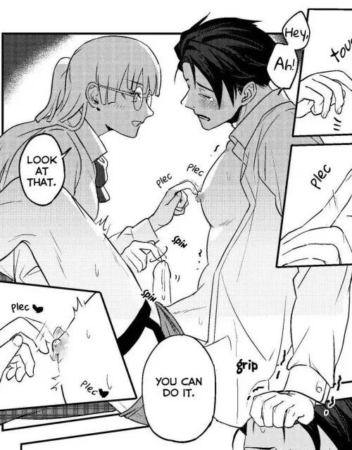 LF Mono Source: 1girl, 1boy, “Look at that” “Hey, Ah!”, “You can do it”, nipple stimulation, erection, moan, open mouth, unbottoned shirt, blush, sheet grab, specs, white shirt