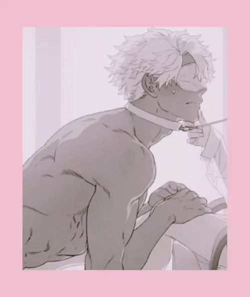 LF Mono Source: 1girl, 1boy, pink filter, pink borders, white hair, short hair, dark skin, black man, sweating, abs, choker, leash pull, sleep mask, grabbing another's chin, long sleeves, chair, muscular, topless male, mature male, biceps, triceps, arm 