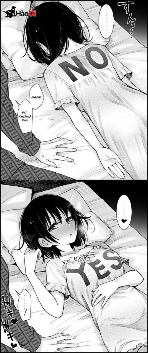 Lf mono source: 1girl, 1boy, short hair, blushing, procumbent, lay up, bed, “babe dit khong em!”, “yes”, “no”