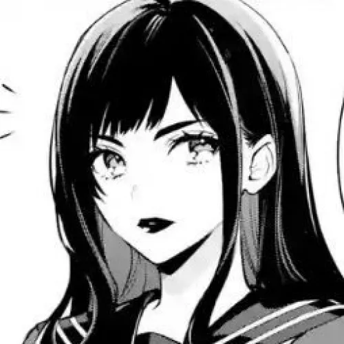 LF Mono Source: 1girl, face focused, black hair, long hair, bangs, looking at viewer, school uniform, black lips, open eyes