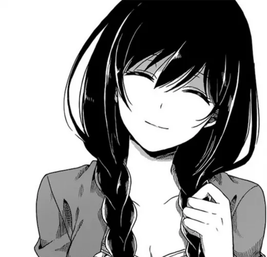 LF Mono Source: 1girl, smile, closed eyes, black hair, cleavage, hair between eyes