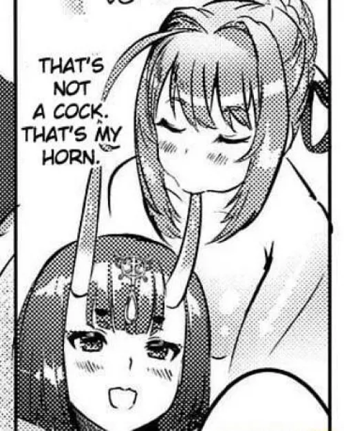 LF Mono Source: 2girls, oni, horns, topless, blushing, ribbon, hairclip, jewelry, bangs, short hair, eyes closed, sucking, that’s not a cock that’s my horn