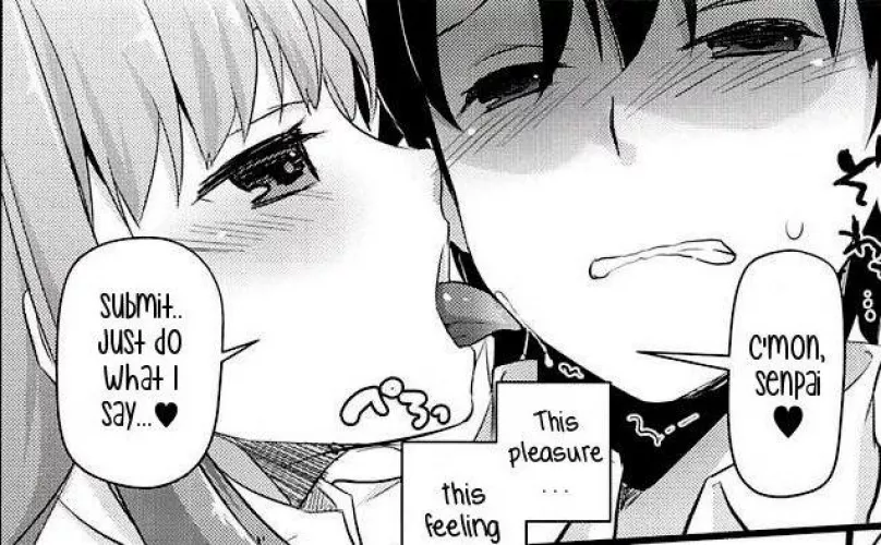 LF Mono Source: “C’mon, senpai. Submit, just do what I say…”, 1girl, 1boy, light hair, licking face, gentle femdom