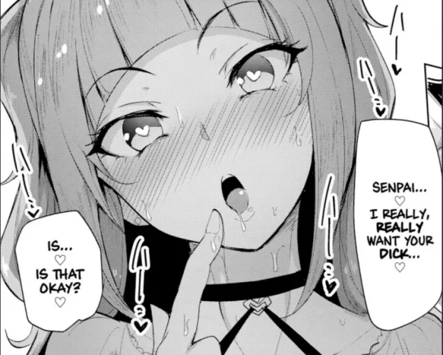 LF Mono Source: Heart-shaped eyes pupils, saliva, sweat, medium hair, english text, SENPAI... I REALLY REALLY WANT YOUR DICK IS THAT OKAY?