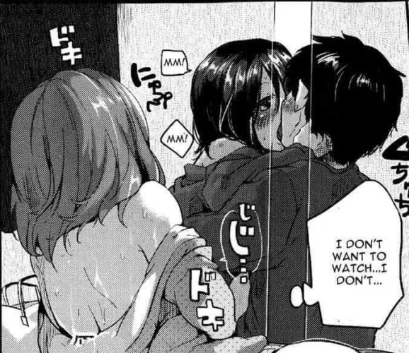 LF mono source: “I don’t want to watch... I don’t...”, “MM!” “MM!”, kissing, 2girl,1boy