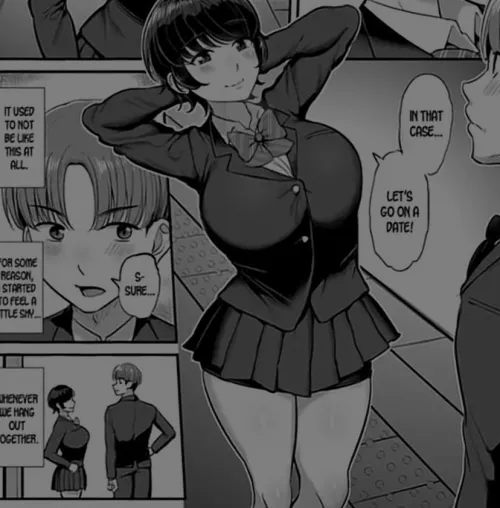 LF Mono source: “in that case… let’s go on a date! S-sure… it used to not be like this at all.. for some reason, I started to feel a little shy… whenever we hang out” school uniform, pixie cut, 1boy, 1girl, big boobs, someone said it was ntr 
