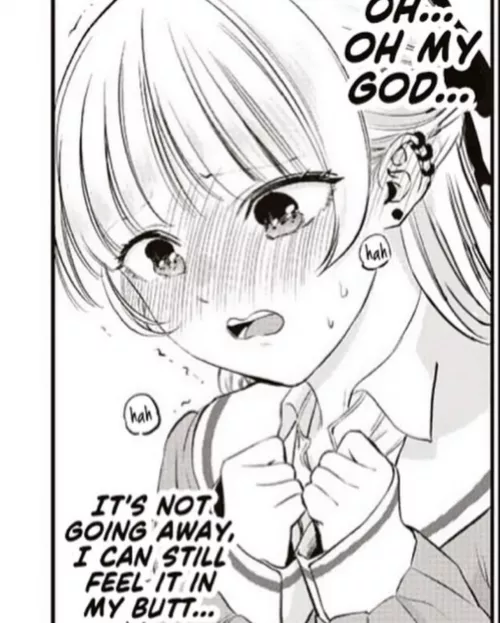 LF Mono Source: “OH… OH MY GOD…” “IT’S NOT GOING AWAY, I CAN STILL FEEL IT IN MY BUTT…” “hah” “hah” 1girl, blushing, light hair color, open mouth, hands together, school uniform, ear piercing, shaking