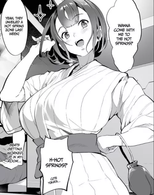LF mono source : Short hair, bangs, Yukata, big boobs, “wanna come with me to the hotspring?”, “yeah, they unveiled a hot springzone last week!”, “h-hots spring? Yukata cute”, “beat getting worked up in my room”.