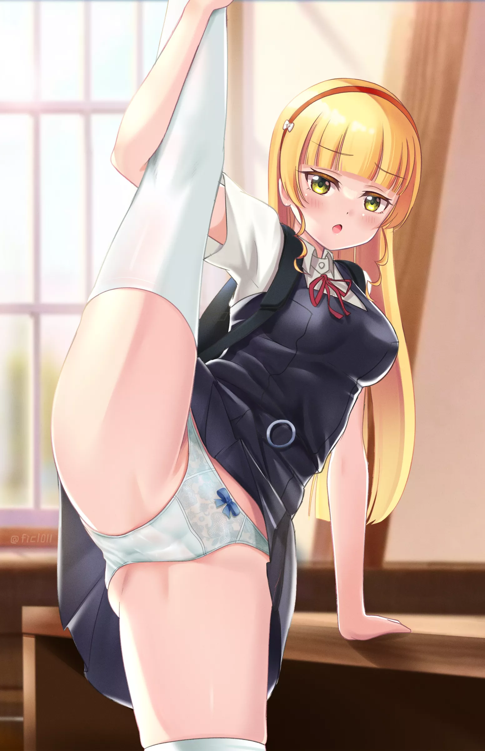 Lifting her leg