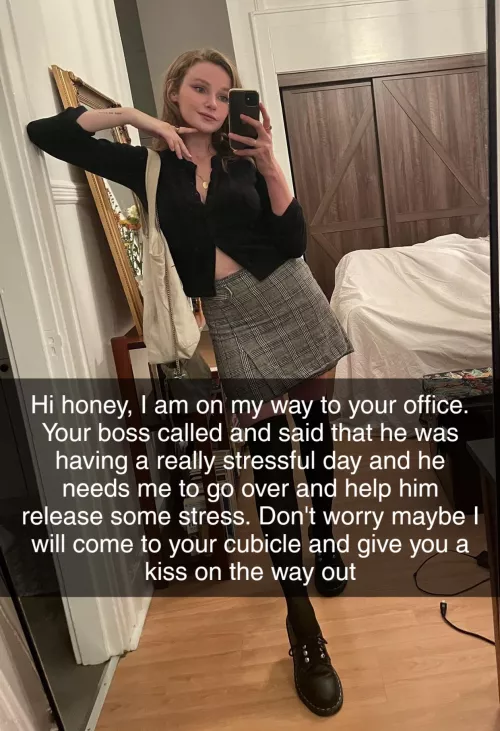 My boss is a dick. He left the door open so that the whole office could hear them and then when they were done she came out covered in his cum and kissed me.