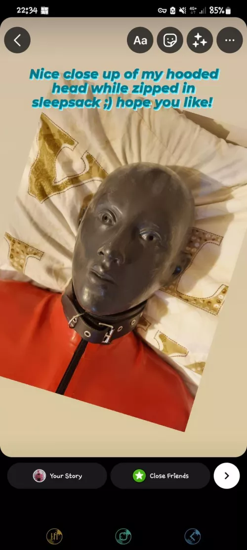 New pic of me in my sleepsack bondage & doll hooded ;)