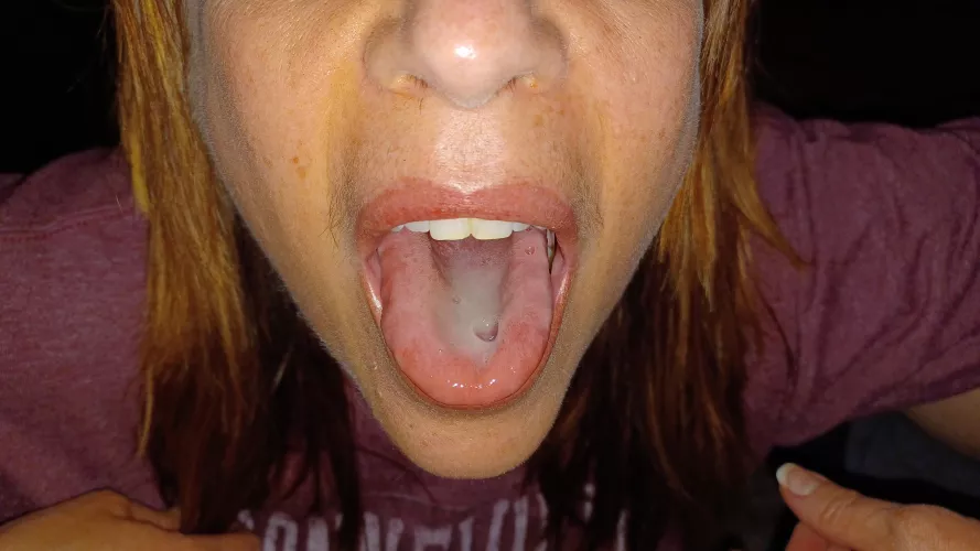 Not the best pic, but a mouthful of cum extracted from hubby's cock.