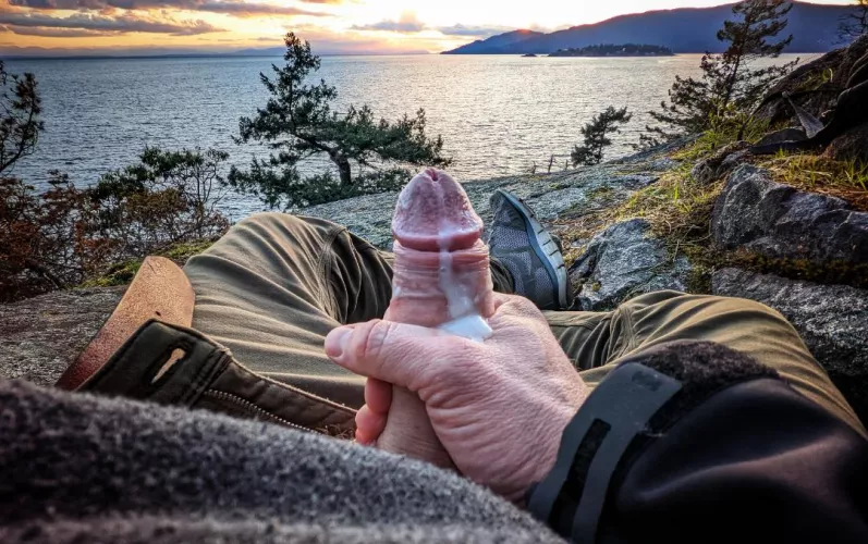 Out of sight, but in earshot there some skids from the neighbourhood also watching the sunset. They definitely heard me cum