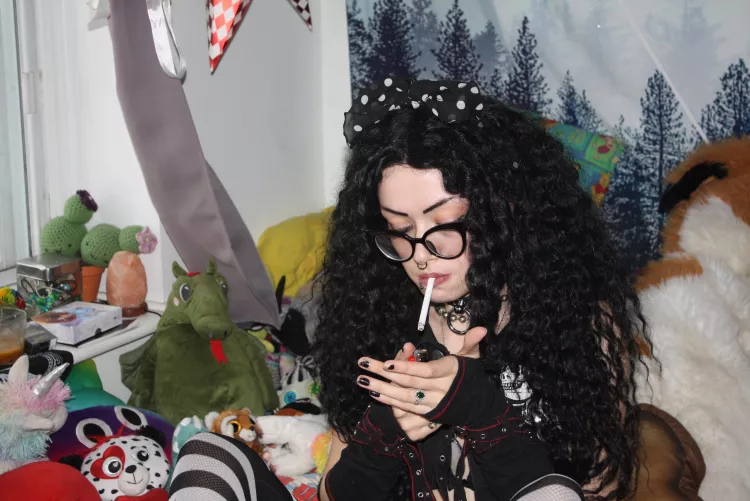 punk bitch smoking and chilling with stuffies