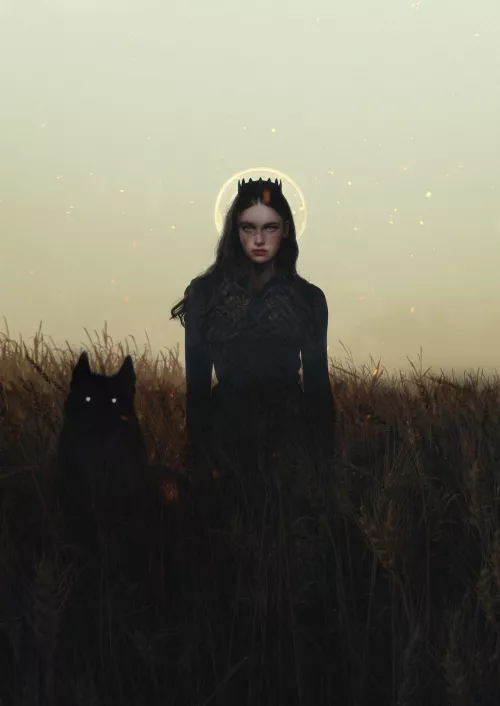 Queen in the Fields at Dusk, with Wolf. by George Cotronis