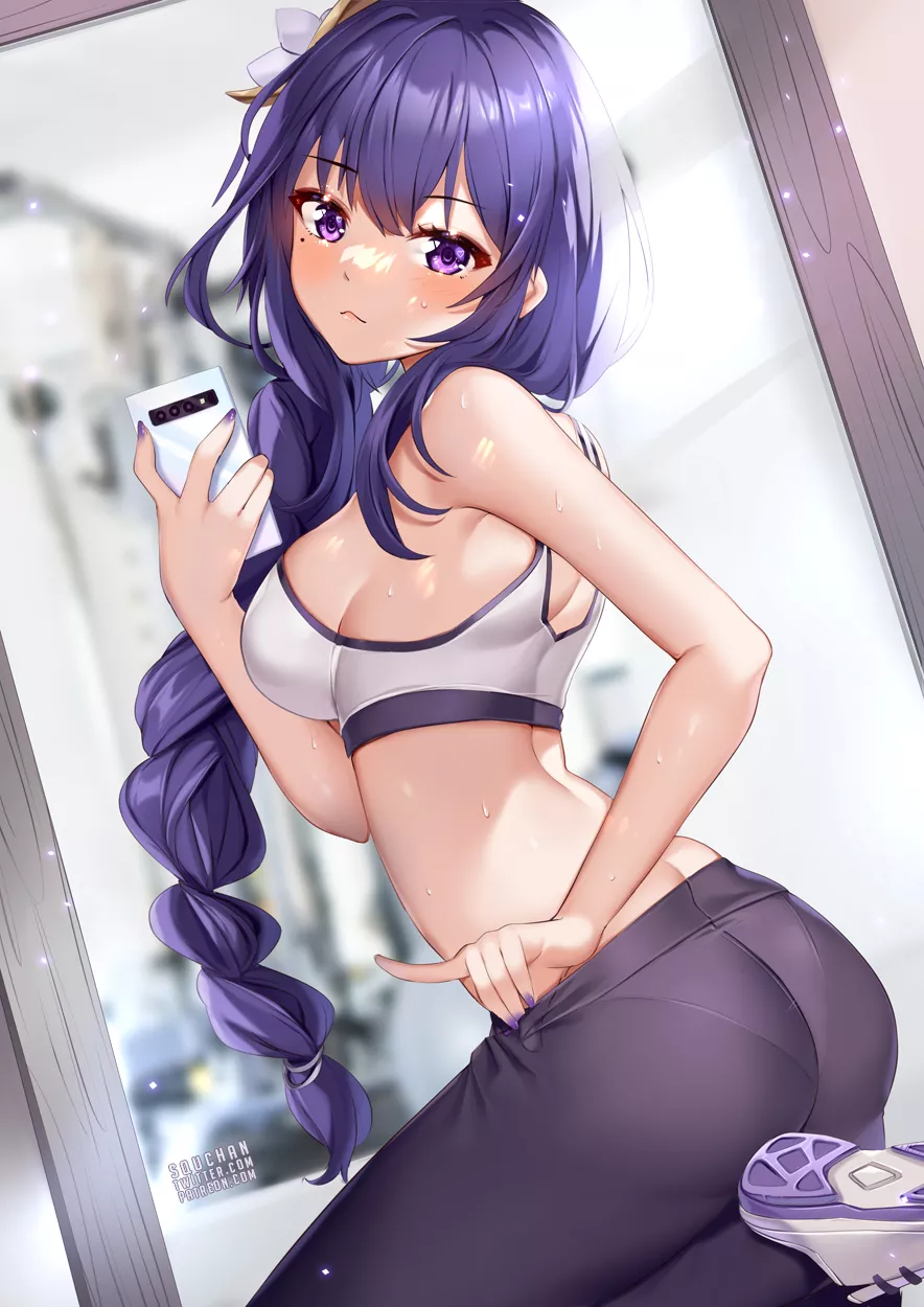 Raiden taking a selfie at the gym (SquChan) [Genshin Impact]
