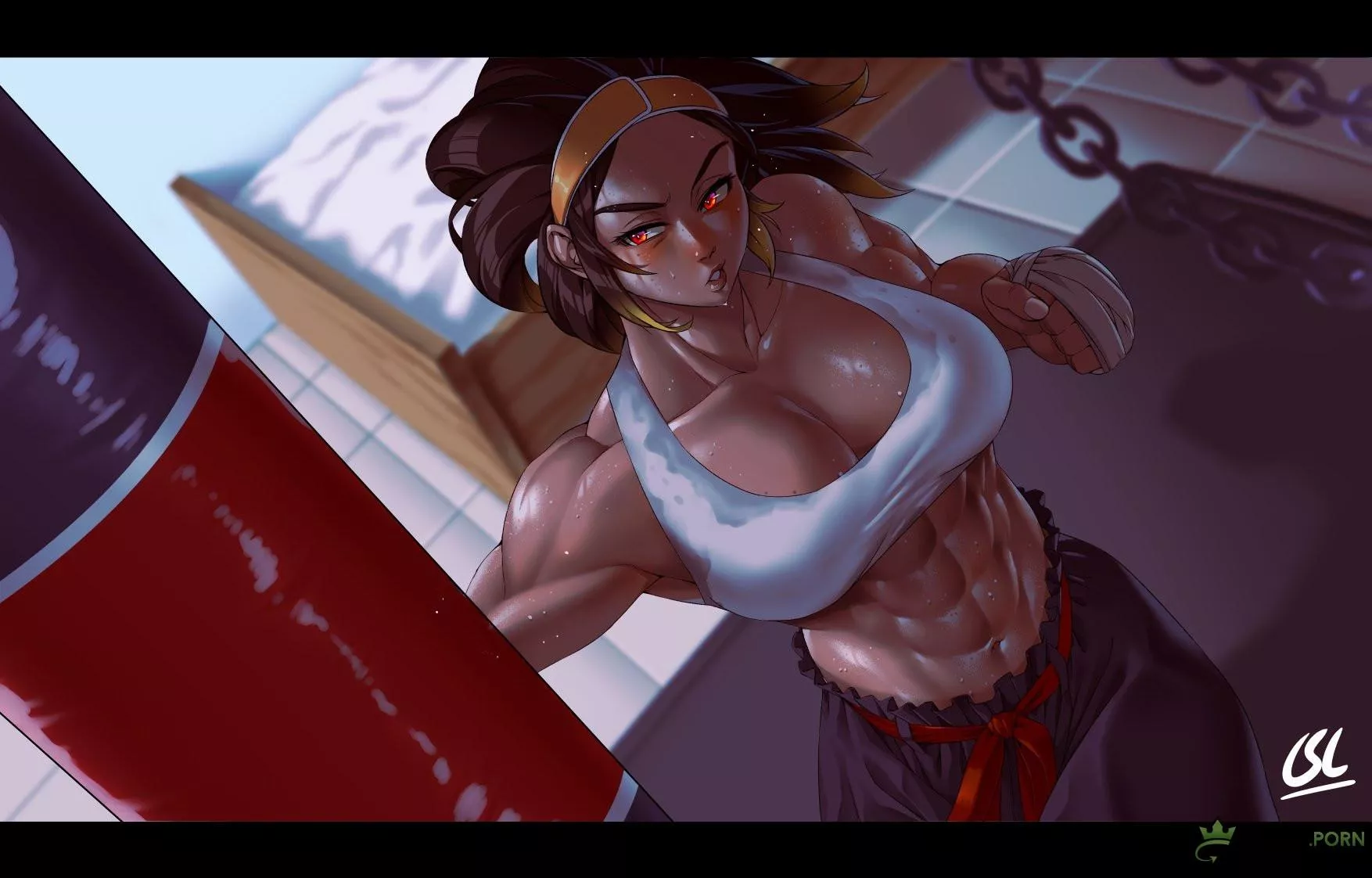 Rule 34 - abs athletic athletic female bed bedroom breasts brown hair