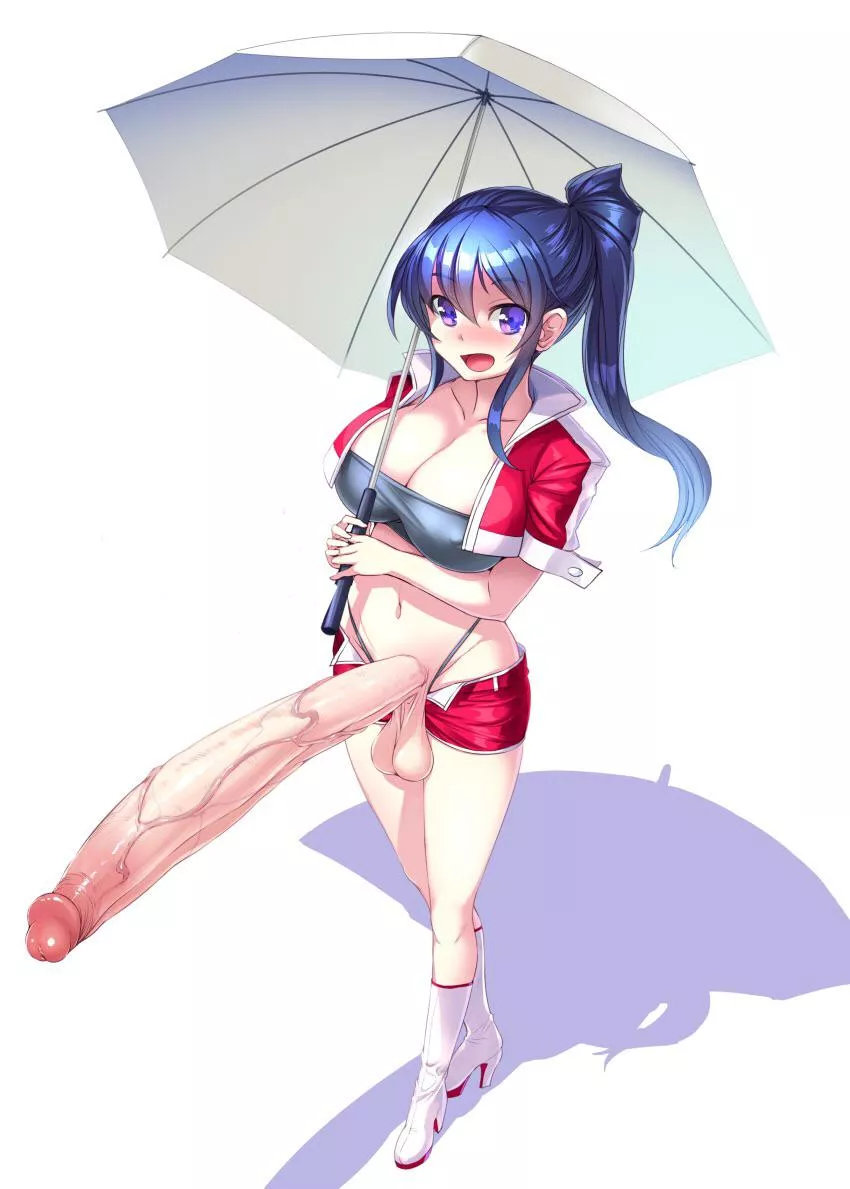 She can’t seem to keep her cock under her umbrella