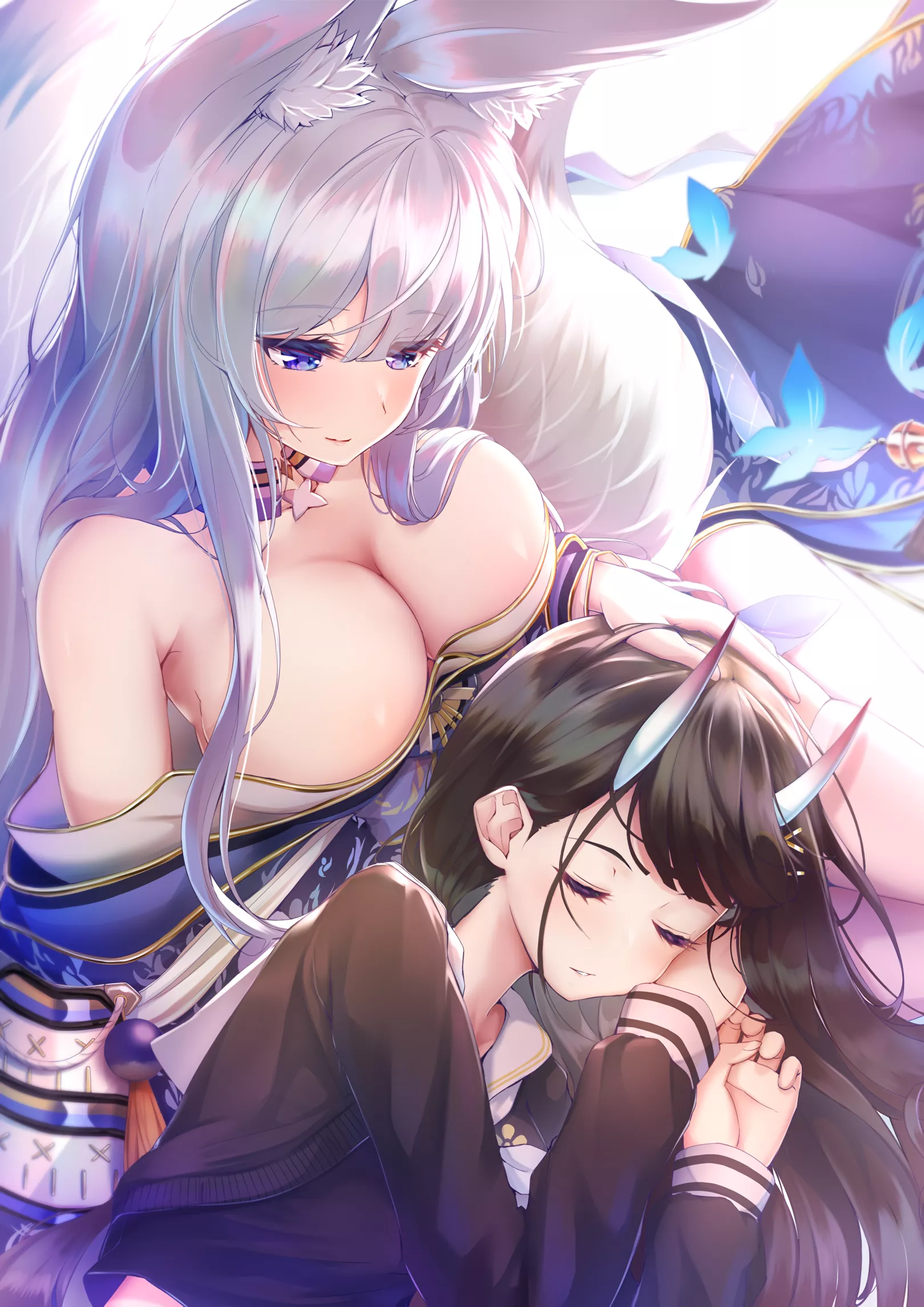 Shinano giving lap pillow and headpats to Noshiro (imobouya) [Azur Lane]