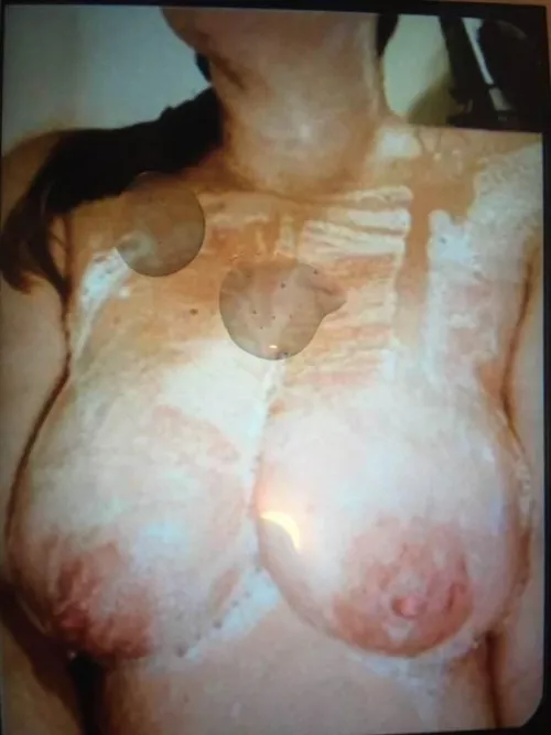 Someone made a mess all over my wife’s big titties…. I’d love for it to be you next!