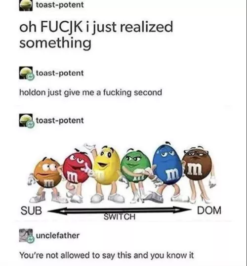 Tag yourself I’m the brown M&M