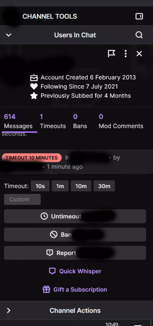 Thank you Twitch for giving us streamlined and easy to use mod tools. I can totally see what is going on here when attempting to check a viewers history while they are in time-out.