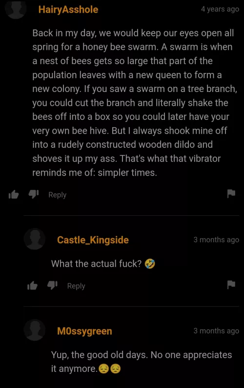 The good ol' days, when we had beehive wooden dildos. (Posting again because first try was marked spoiler)