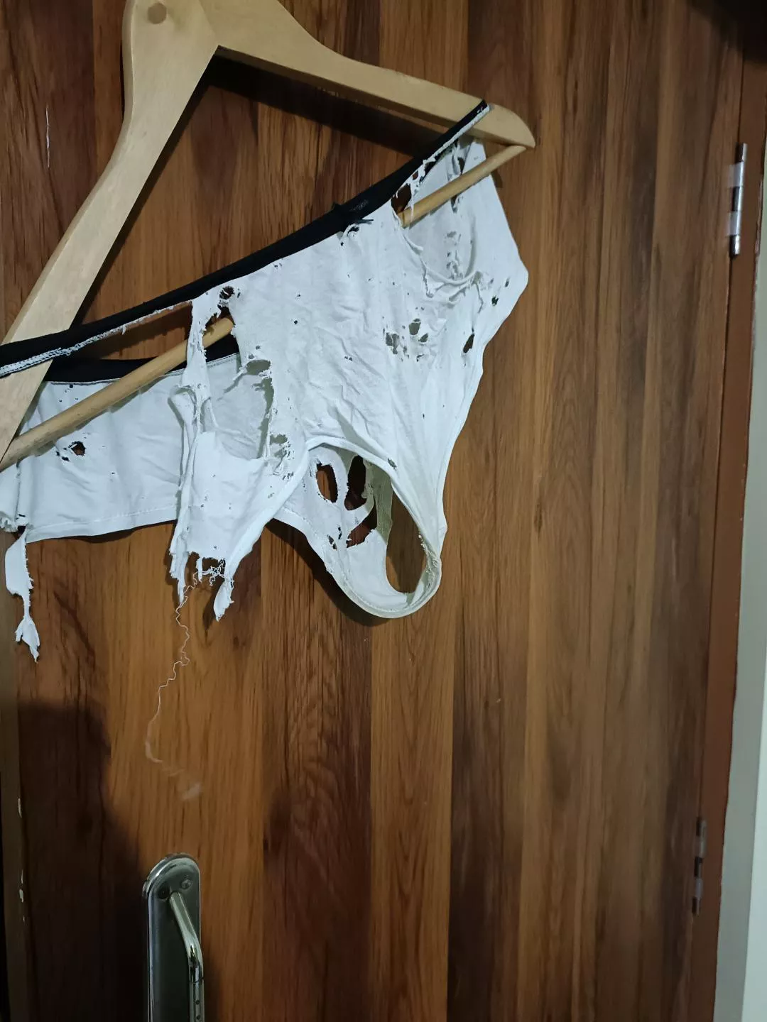 This panty has been worn for 8 years! But still she is wearing it and doesn't want to throw away! It's full of holes and with scent of her pussy! This panty has been worn for 8 years! But still she is wearing it and doesn't want to throw away! It's full of holes and with scent of her pussy!