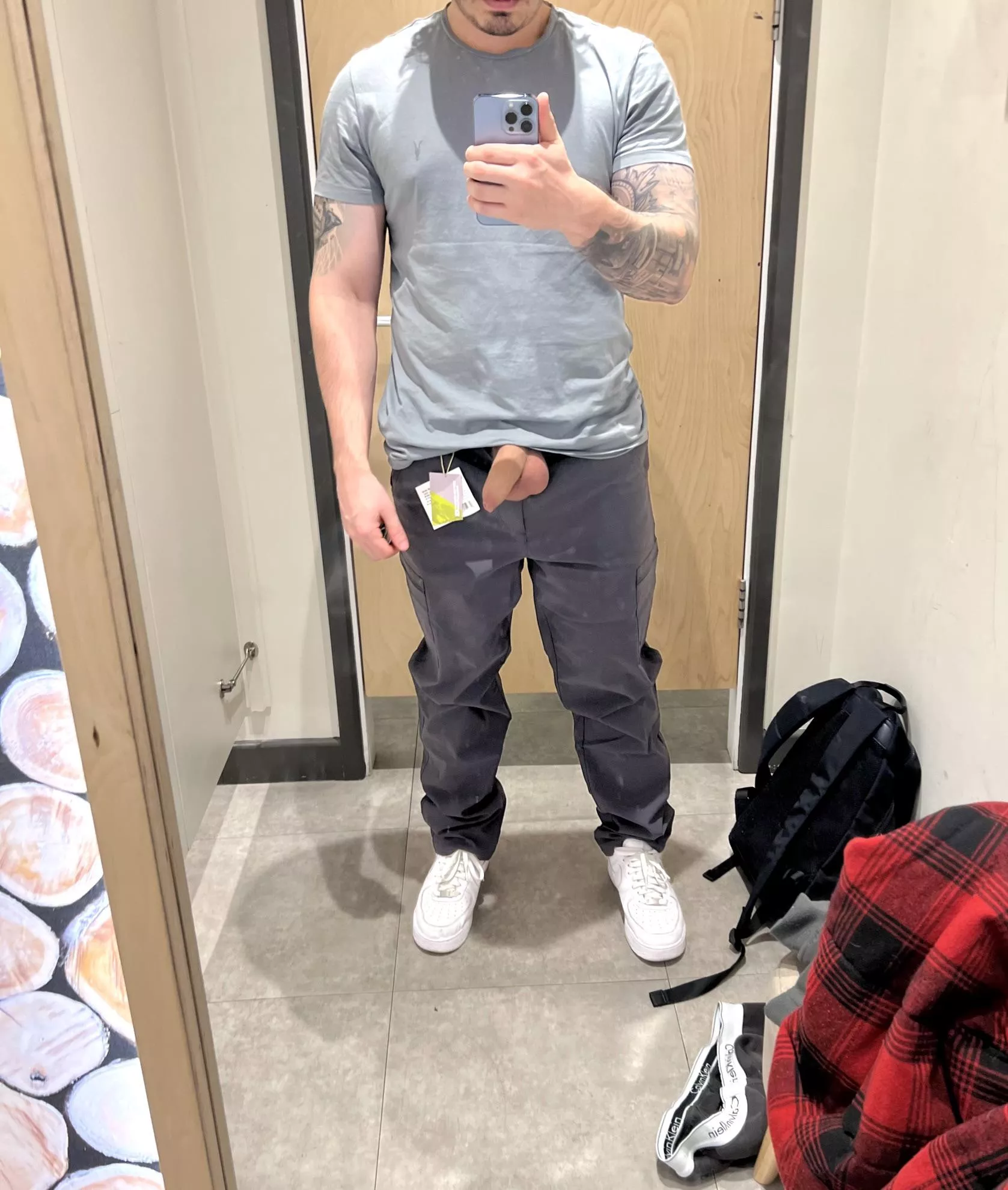 trying on some new hiking pants but may need a bigger size to fit it all in…