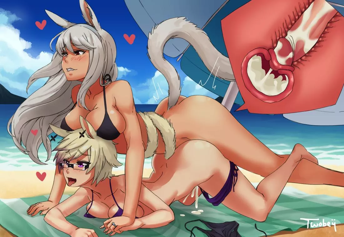 Two miqo'te enjoying each other under the cool shade of the parasol. (Twobey) [Final Fantasy]