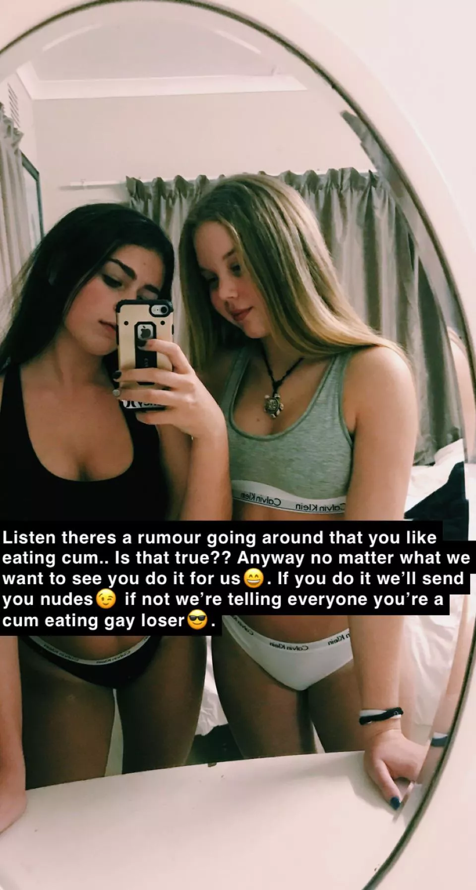 Two really hot girls from your school heard about your secret and now want to blackmail you for humiliation. Two really hot girls from your school heard about your secret and now want to blackmail you for humiliation.