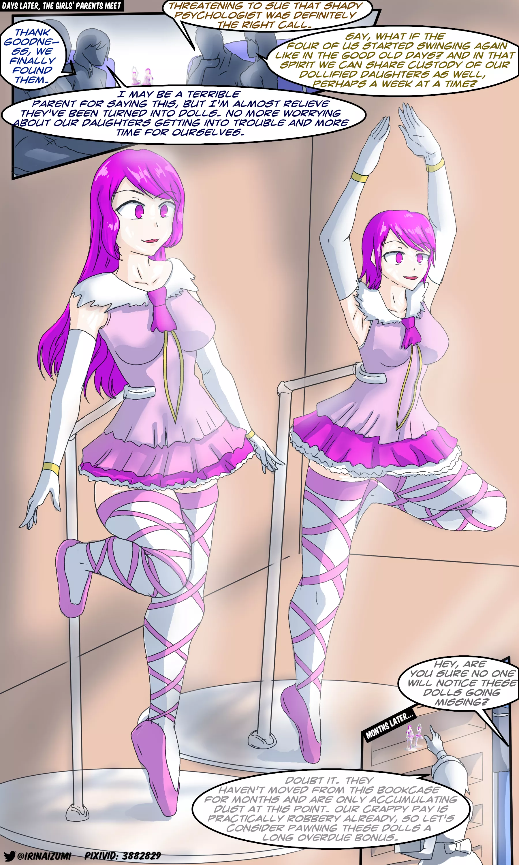 Two school rivals are sent to a psychologist after a fight, only to accidentally end up hypnotized and turned into dolls as part of an experimental treatment (and their parents go along with it) Two school rivals are sent to a psychologist after a fight, only to accidentally end up hypnotized and turned into dolls as part of an experimental treatment (and their parents go along with it)