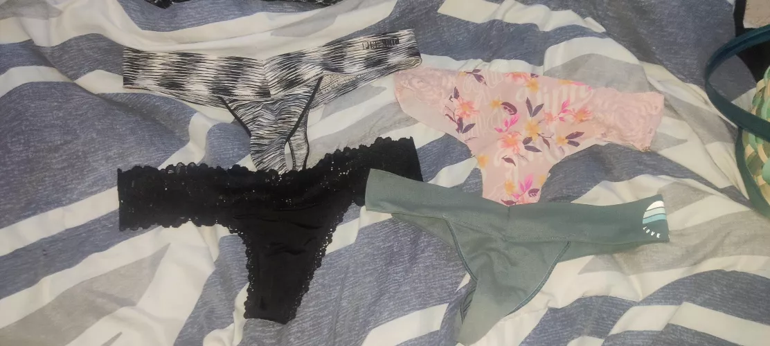 which pair of panties should I wear and cum all over for you guys😍 Vs pink panties stole them from my friends slutty little sister hit my messages if you want pics of her