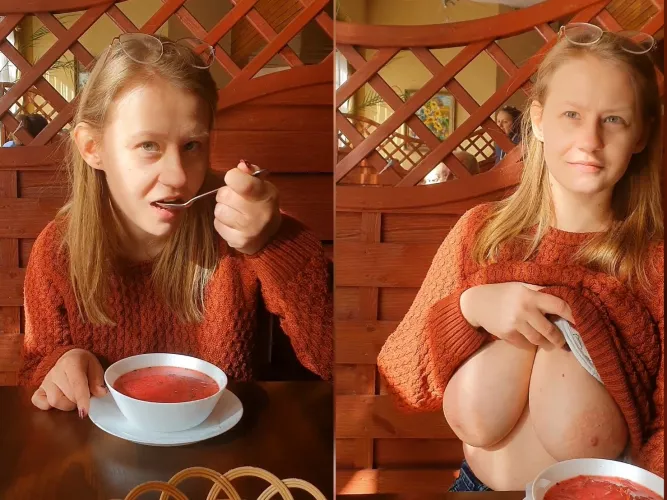 Who would have expected that this unassuming girl eating soup in a restaurant could have such hidden assets.