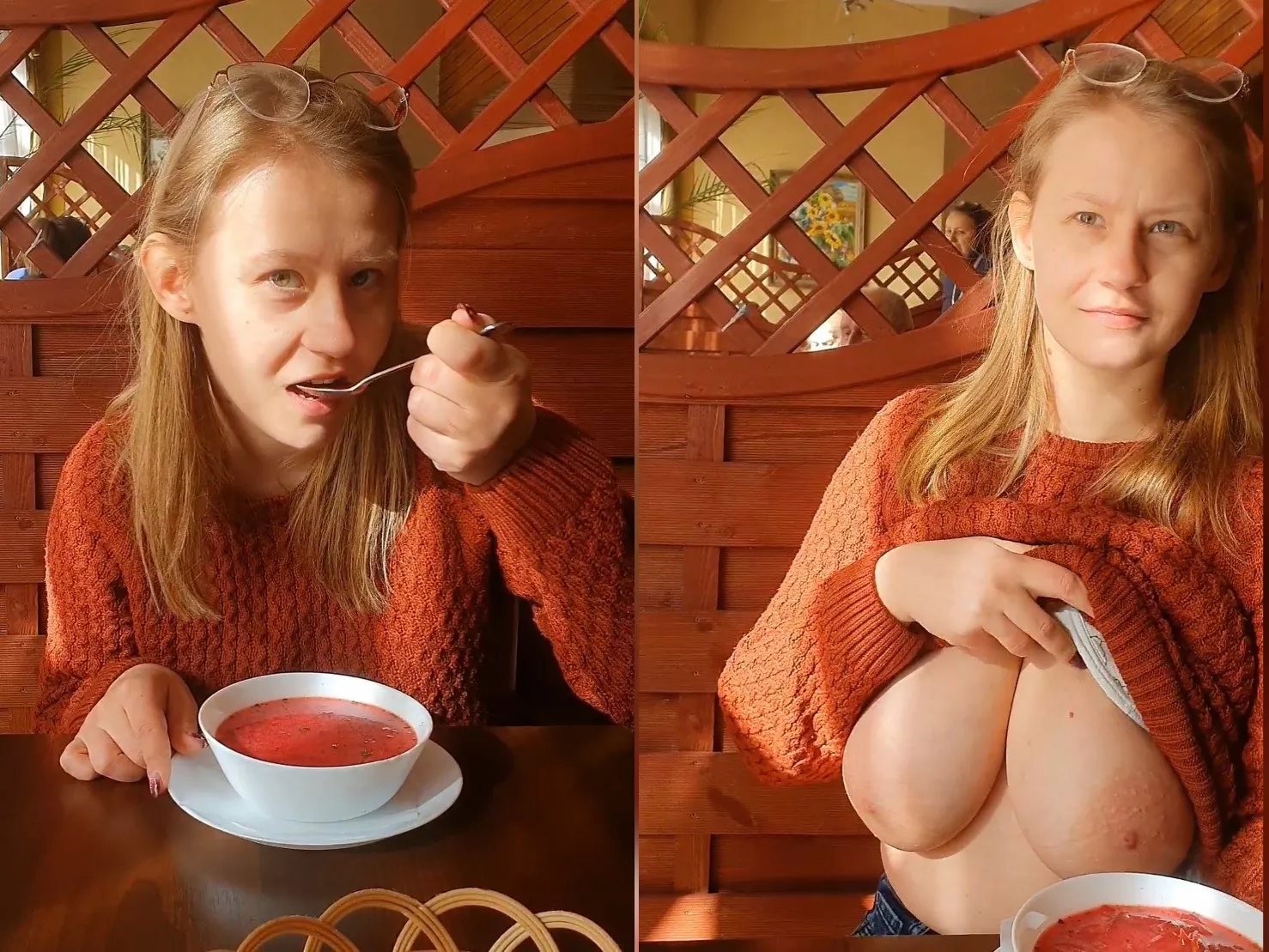 Who would have expected that this unassuming girl eating soup in a restaurant could have such hidden assets. Who would have expected that this unassuming girl eating soup in a restaurant could have such hidden assets.