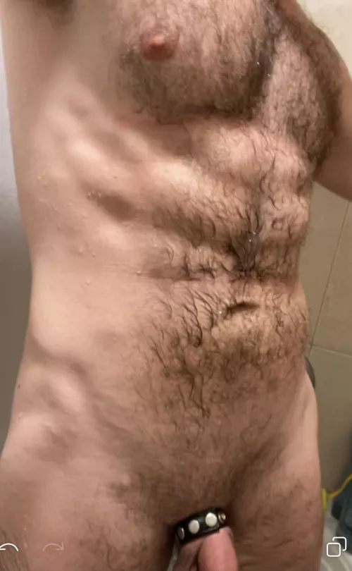 Would you shower with a hairy stud? I’ll wear a leather cock ring