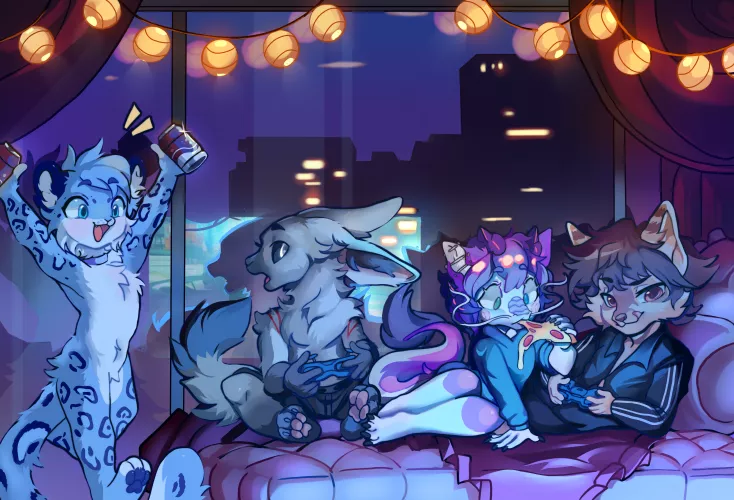 Yo look at those party animals !!! (owner:cinemapizzas on twitter , artist:Sharnyer )