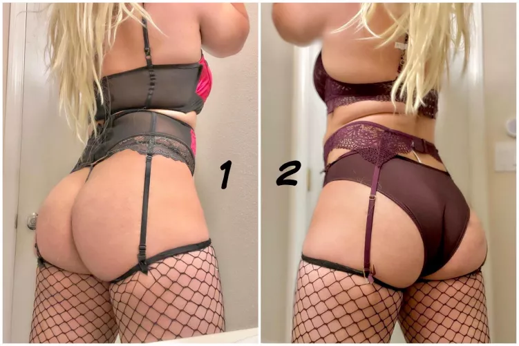 You cum back to my place after the club. I ask you to chose a set you’d rather me have on for what’s next. Which do you pick?